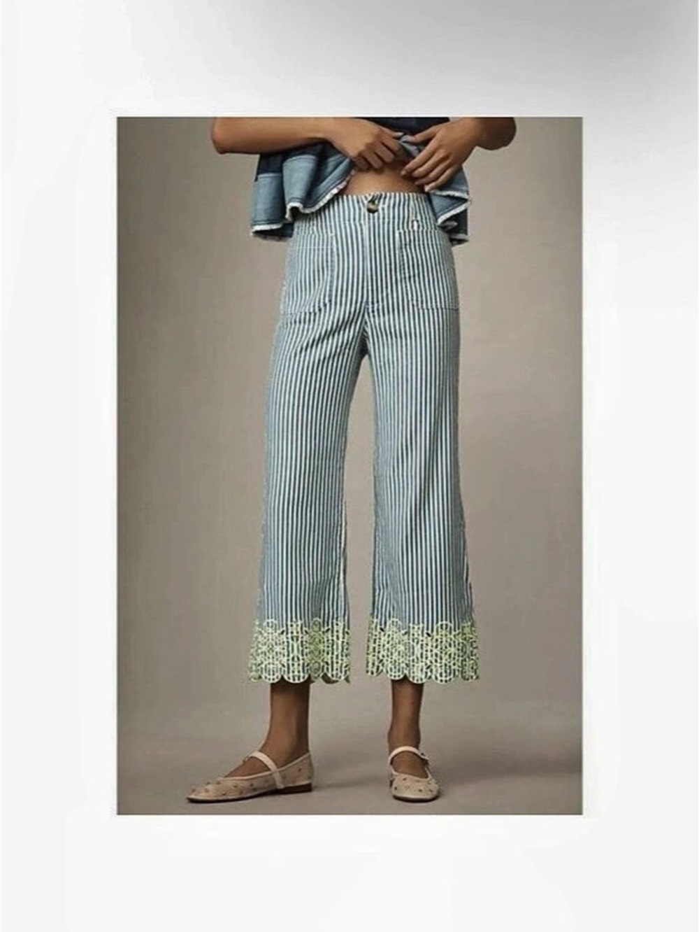 Anthropologie Maeve The Colette Embroidered Crop Wide-Leg Pants Blue & White Siz